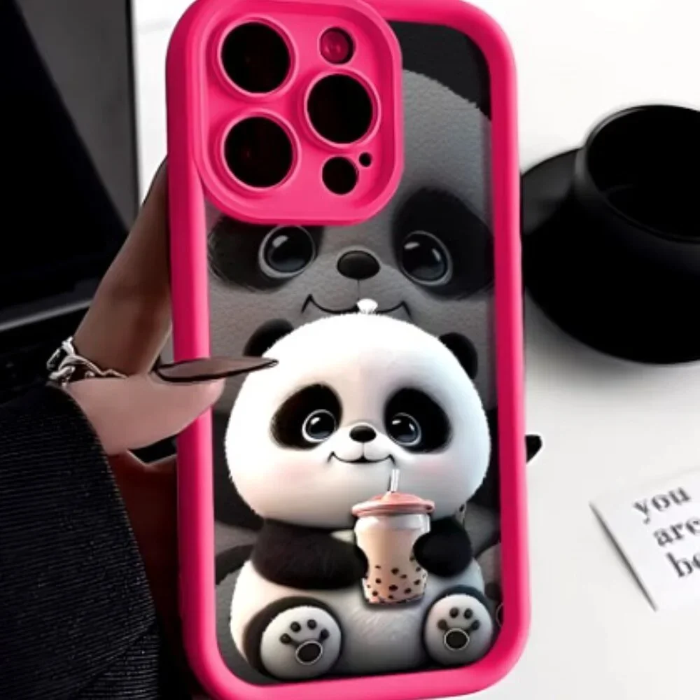 Panda Soft TPU Case for iPhone 16/Plus/Pro/ProMax Funda Black Brown Pink apple